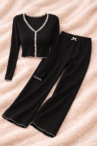 Ensemble Côtelé Maison – Pyjama Femme Élégant et Confortable noir